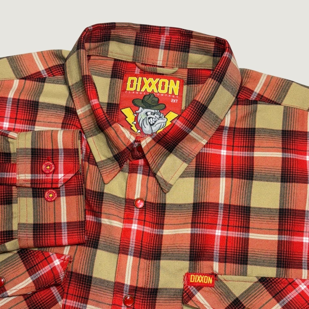 Dixxon‎ Flannel Co Oorah Pearl Snap Mens 2XT Red Tan Plaid D-Tech Marine Bulldog
